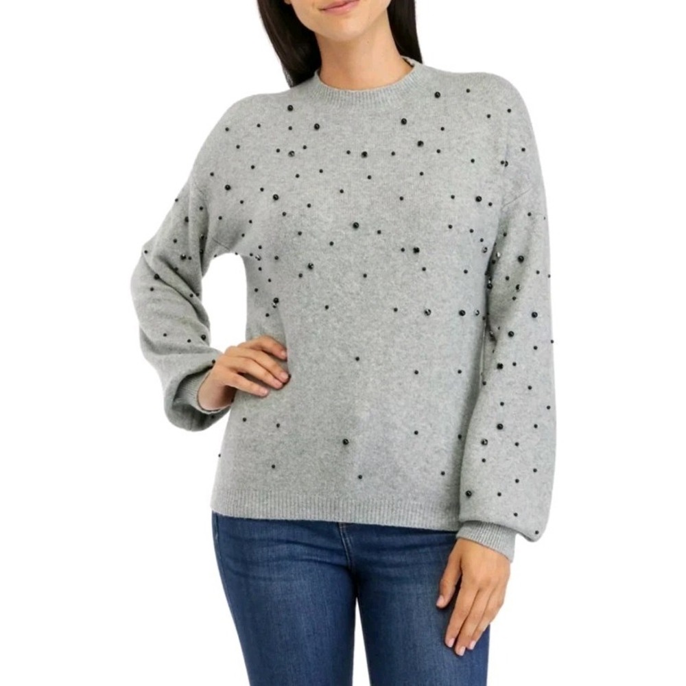 Crown And Ivy Plus Size Gray Sweater With Black Pearl Details 1X